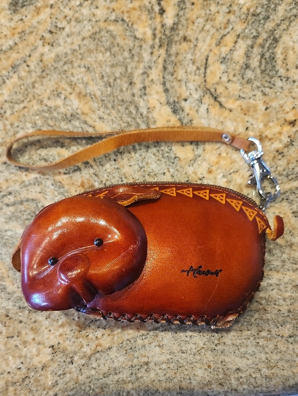 Handcrafted Brown Leather Pig Wristlet Pouch